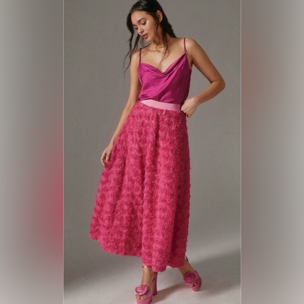 💗 🌺 Maeve Anthropologie pink floral rose appliqué midi full skirt XS